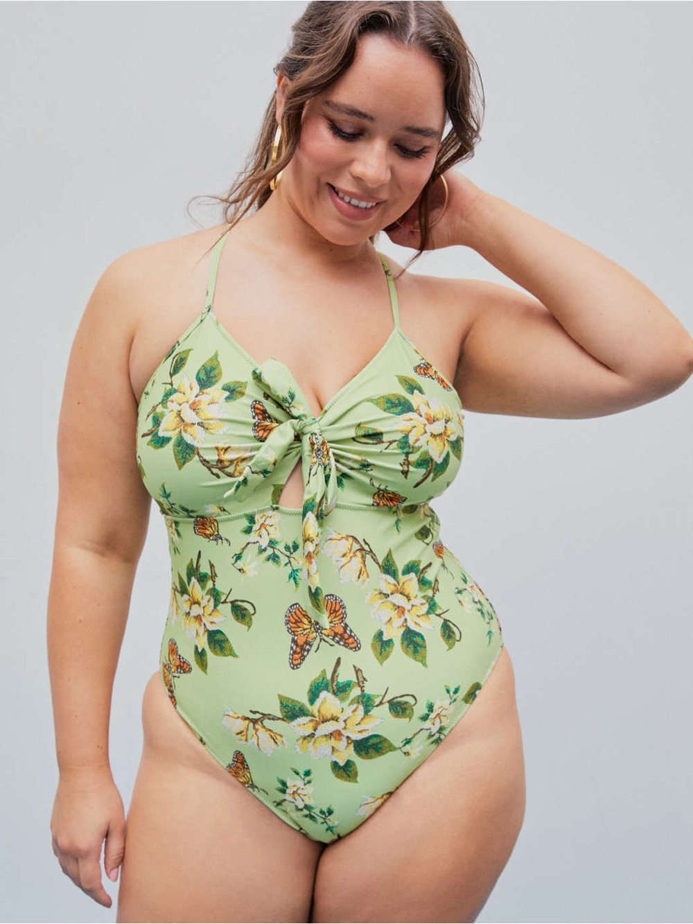 Cider Light Green Floral One-Piece Swimsuit with Butterfly Print